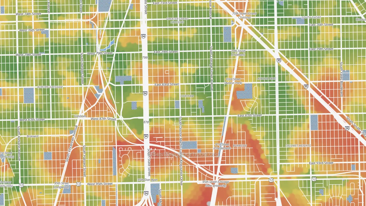 Walk Grade map of Chatham, Chicago, IL, walkable areas in green and car-dependent areas in red