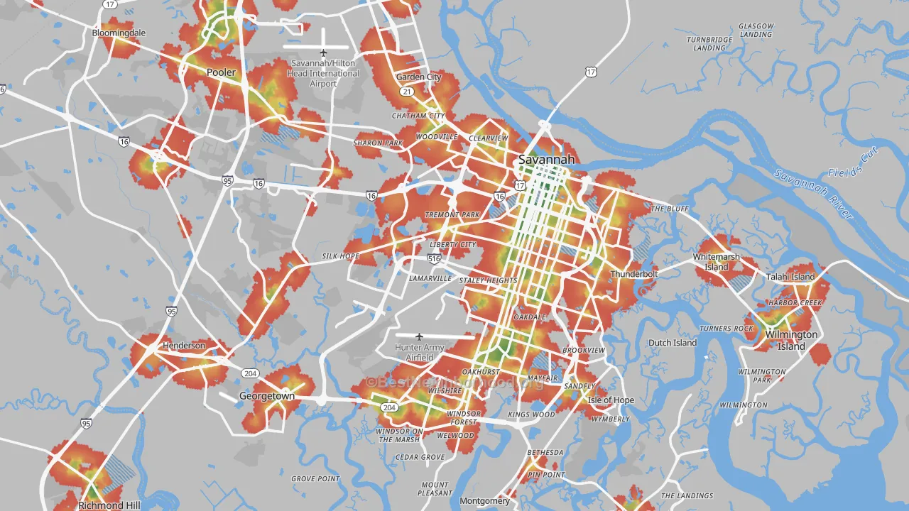 Walk Grade map of Chatham County, GA, walkable areas in green and car-dependent areas in red