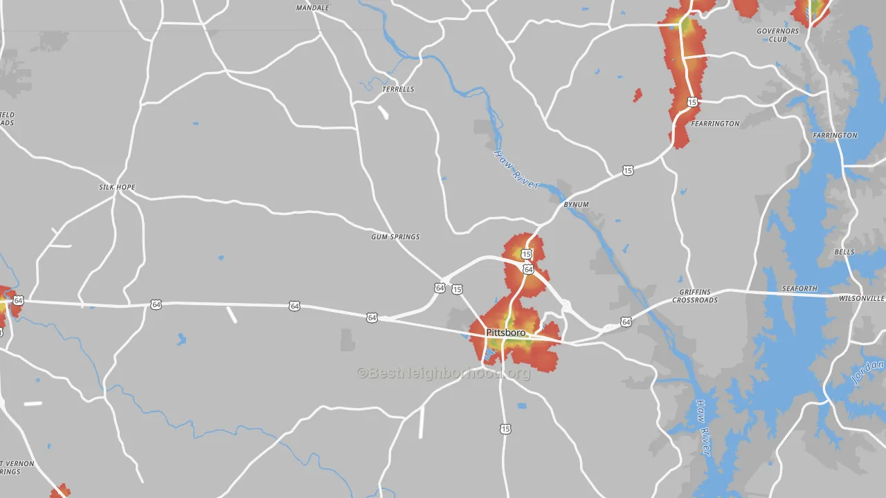 Walk Grade map of Chatham County, NC, walkable areas in green and car-dependent areas in red