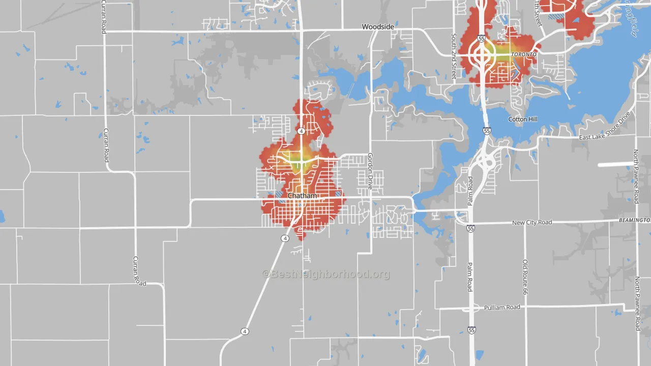 Walk Grade map of Chatham, IL, walkable areas in green and car-dependent areas in red