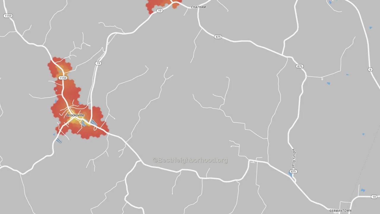 Walk Grade map of Chatham, KY, walkable areas in green and car-dependent areas in red