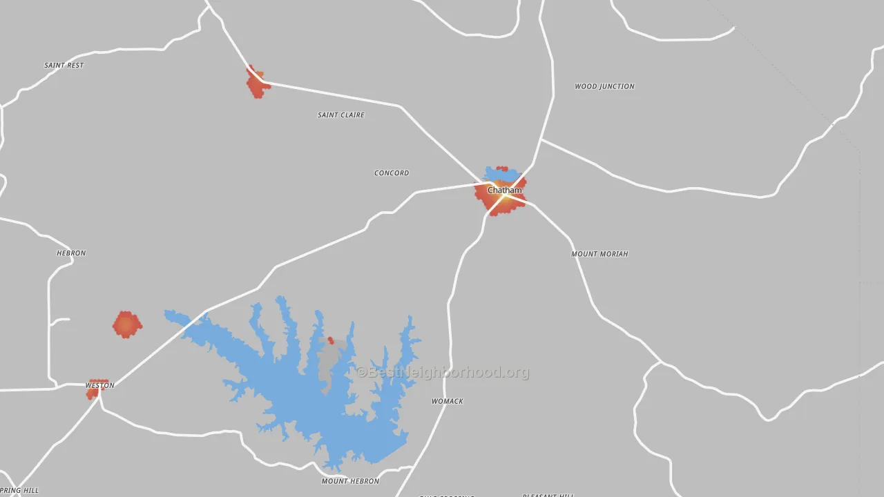 Walk Grade map of Chatham, LA, walkable areas in green and car-dependent areas in red