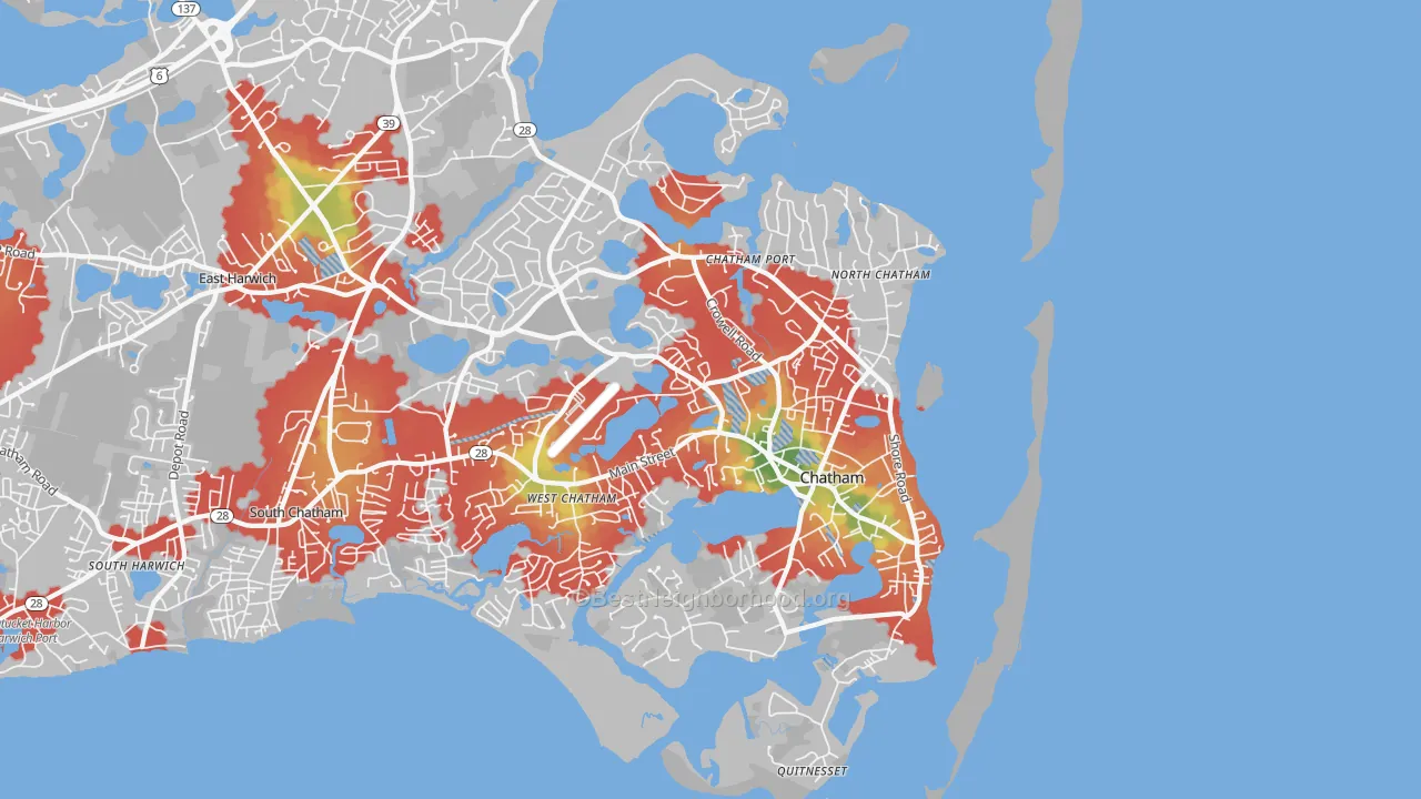 Walk Grade map of Chatham, MA, walkable areas in green and car-dependent areas in red