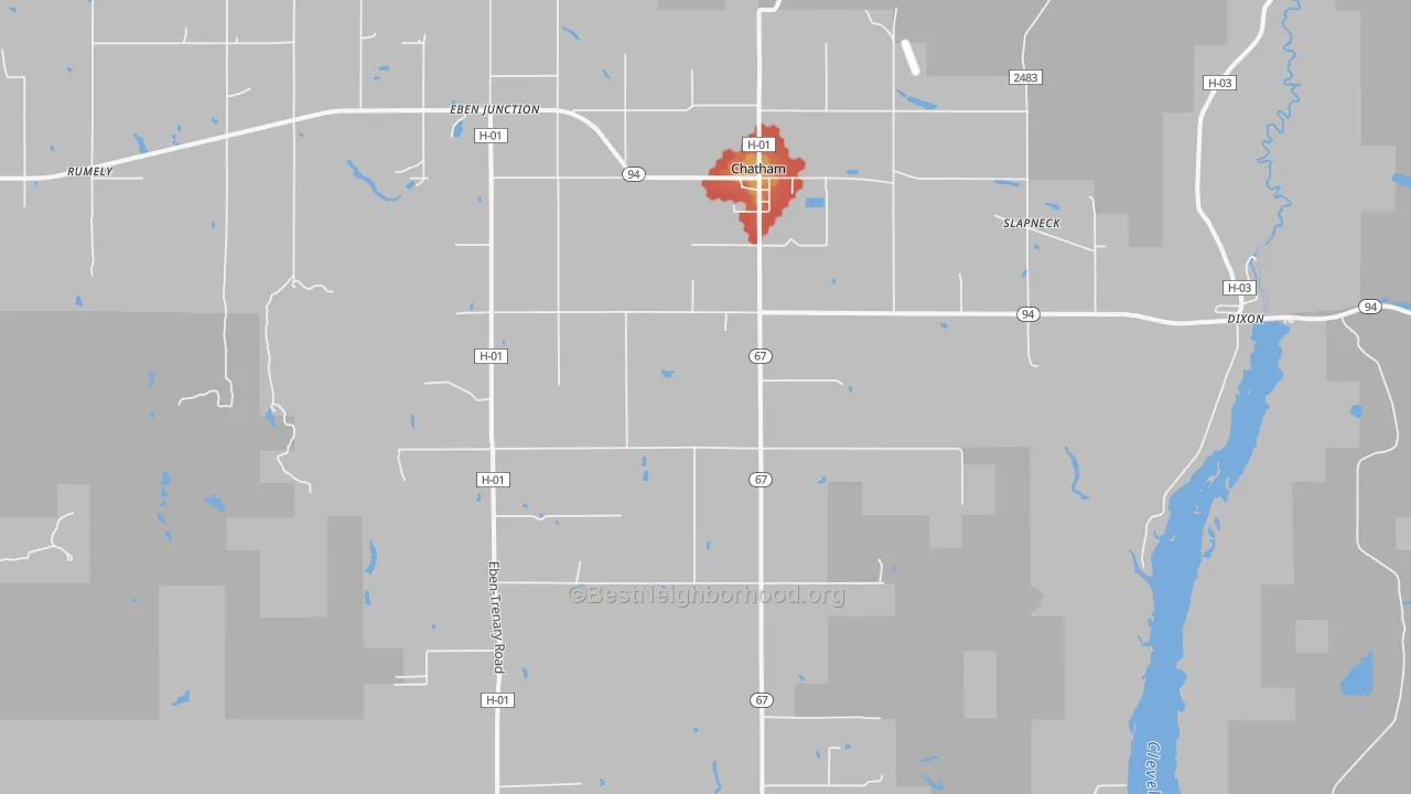 Walk Grade map of Chatham, MI, walkable areas in green and car-dependent areas in red