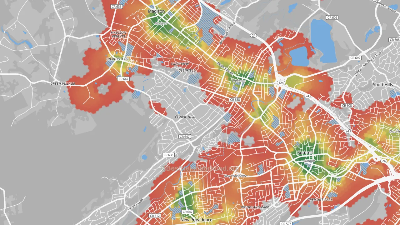 Walk Grade map of Chatham, NJ, walkable areas in green and car-dependent areas in red
