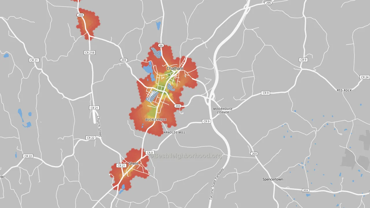 Walk Grade map of Chatham, NY, walkable areas in green and car-dependent areas in red