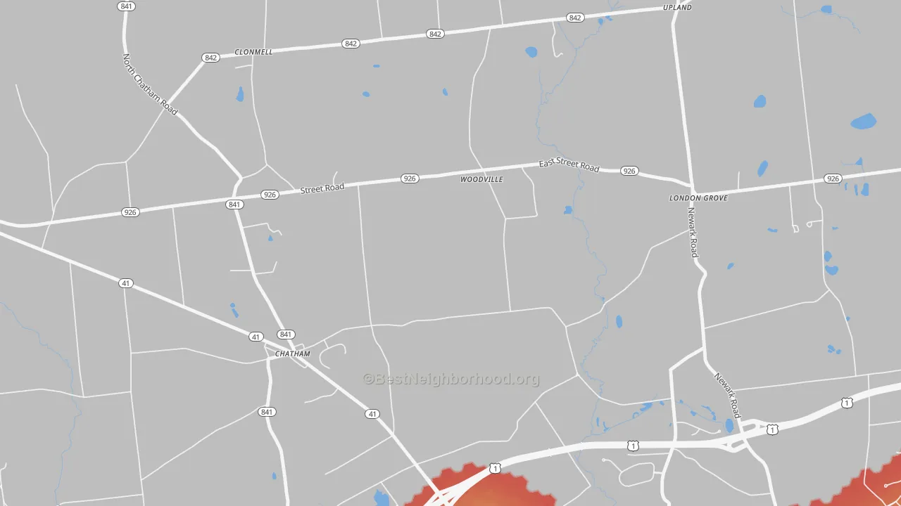Walk Grade map of Chatham, PA, walkable areas in green and car-dependent areas in red