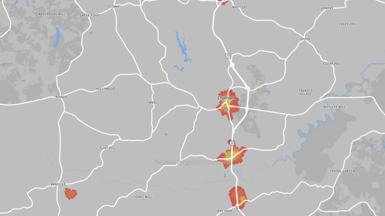 Walk Grade map of Chatham, VA, walkable areas in green and car-dependent areas in red