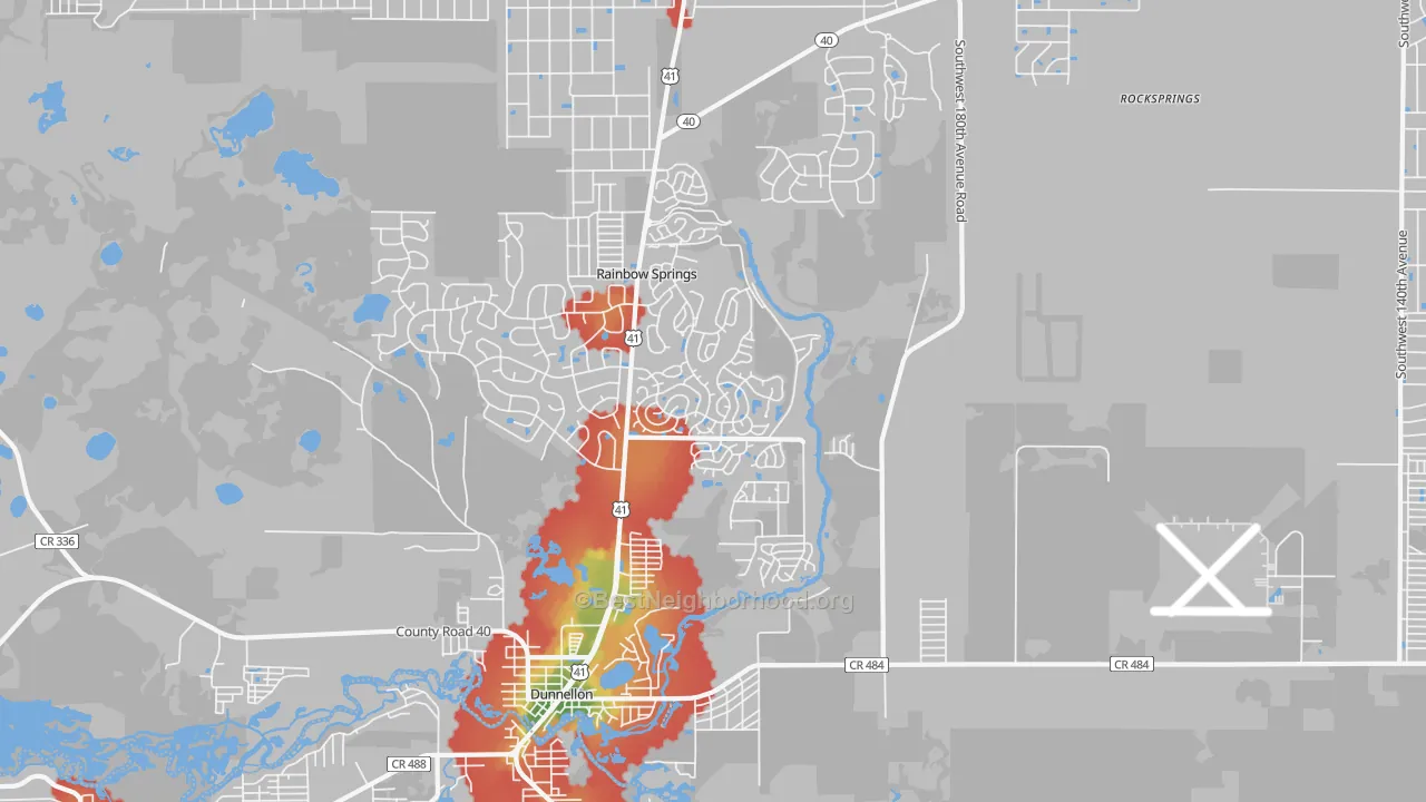 Walk Grade map of Chatmar, FL, walkable areas in green and car-dependent areas in red