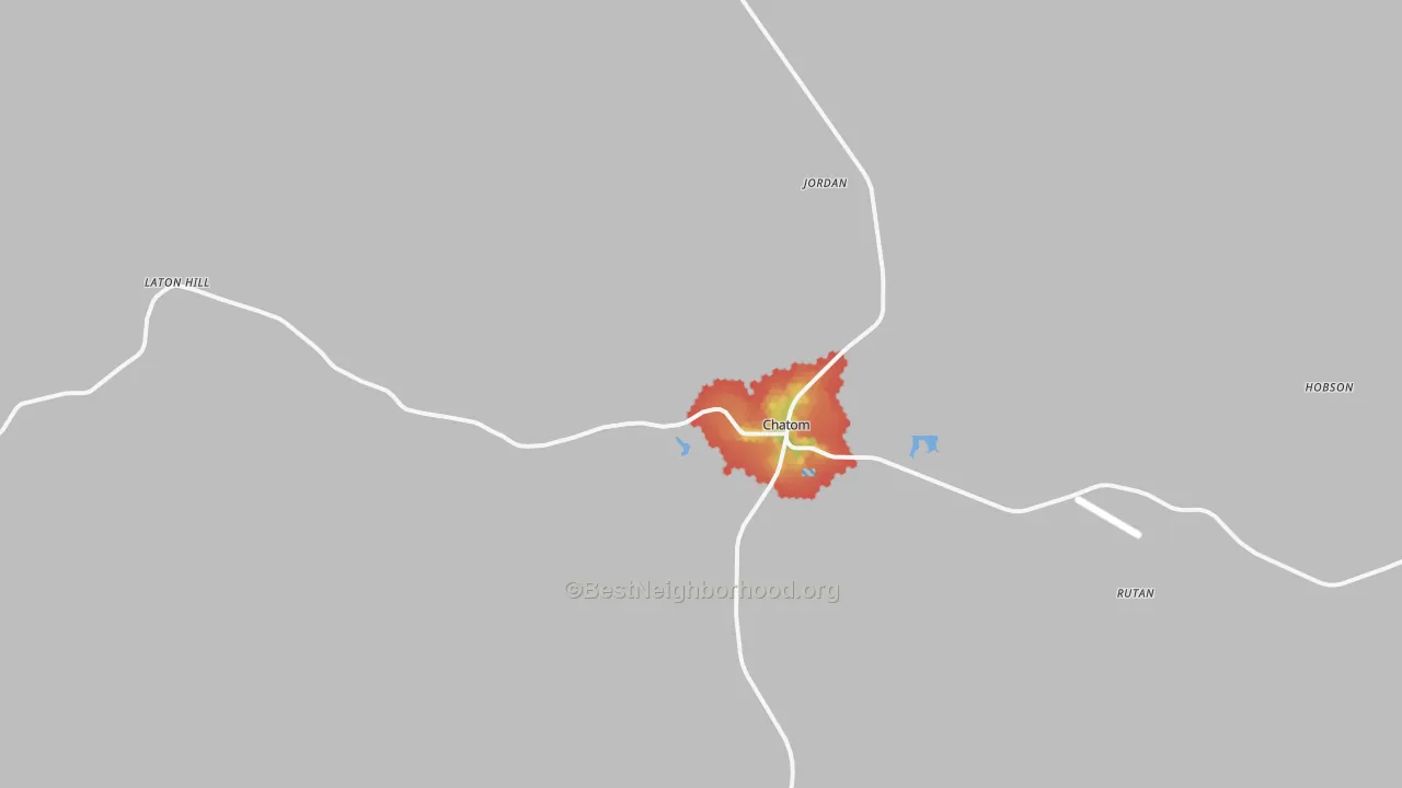 Walk Grade map of Chatom, AL, walkable areas in green and car-dependent areas in red