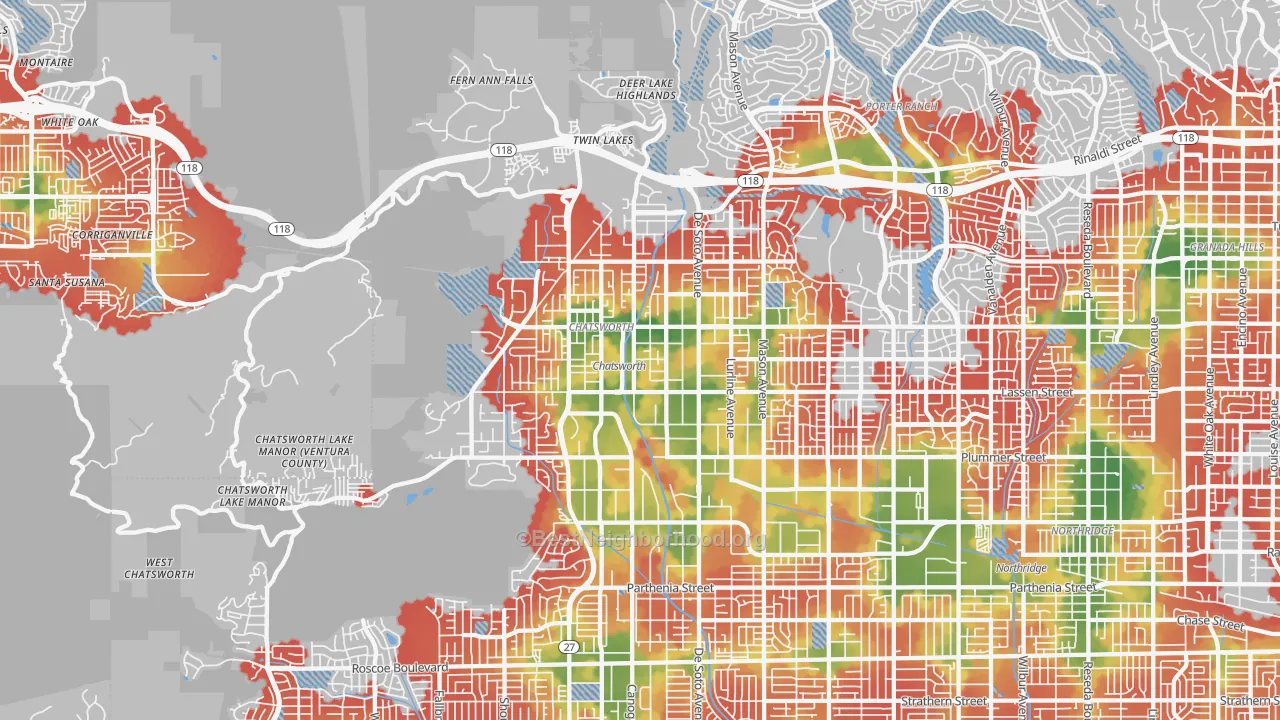 Walk Grade map of Chatsworth, CA, walkable areas in green and car-dependent areas in red