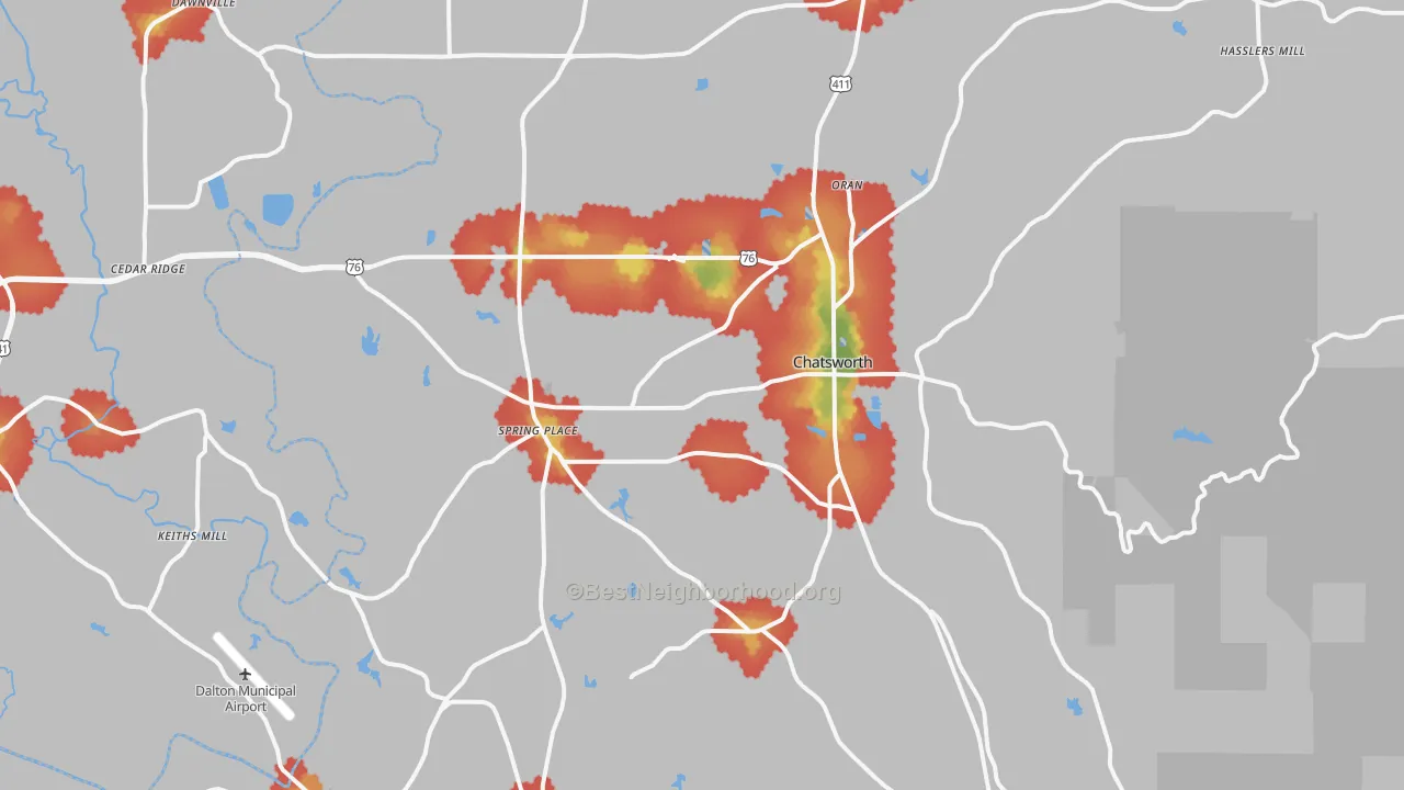 Walk Grade map of Chatsworth, GA, walkable areas in green and car-dependent areas in red