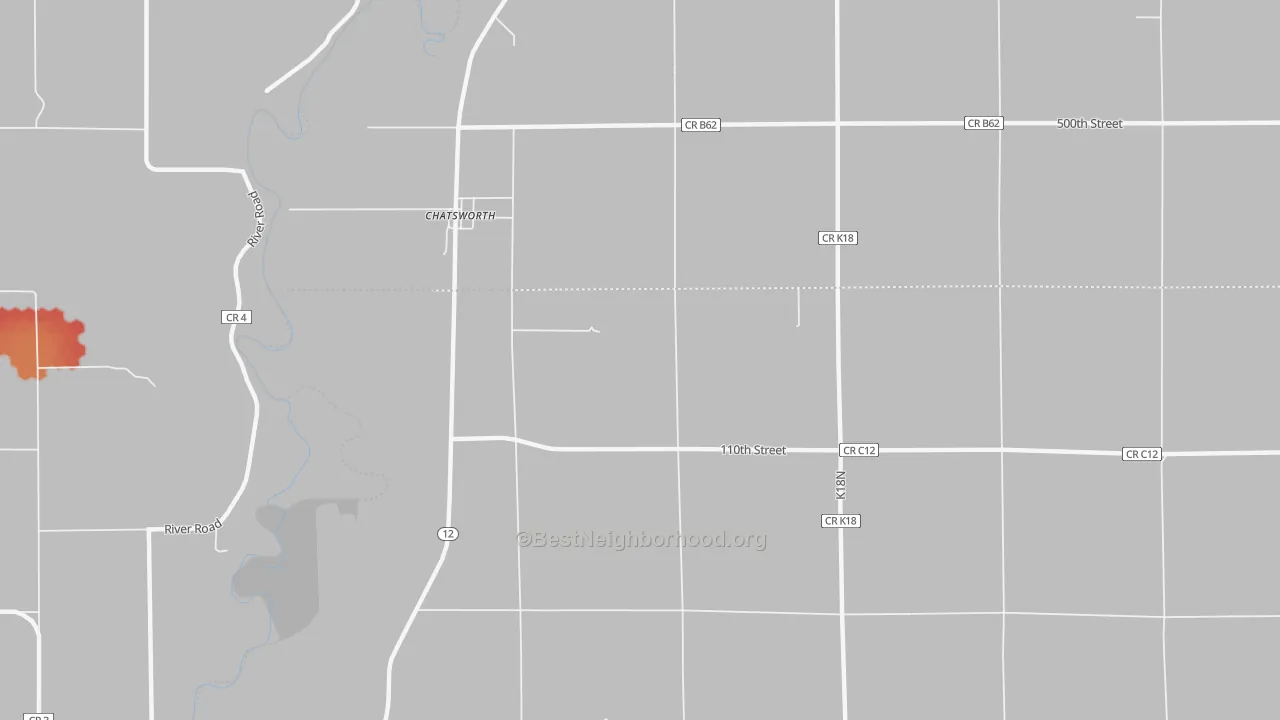 Walk Grade map of Chatsworth, IA, walkable areas in green and car-dependent areas in red