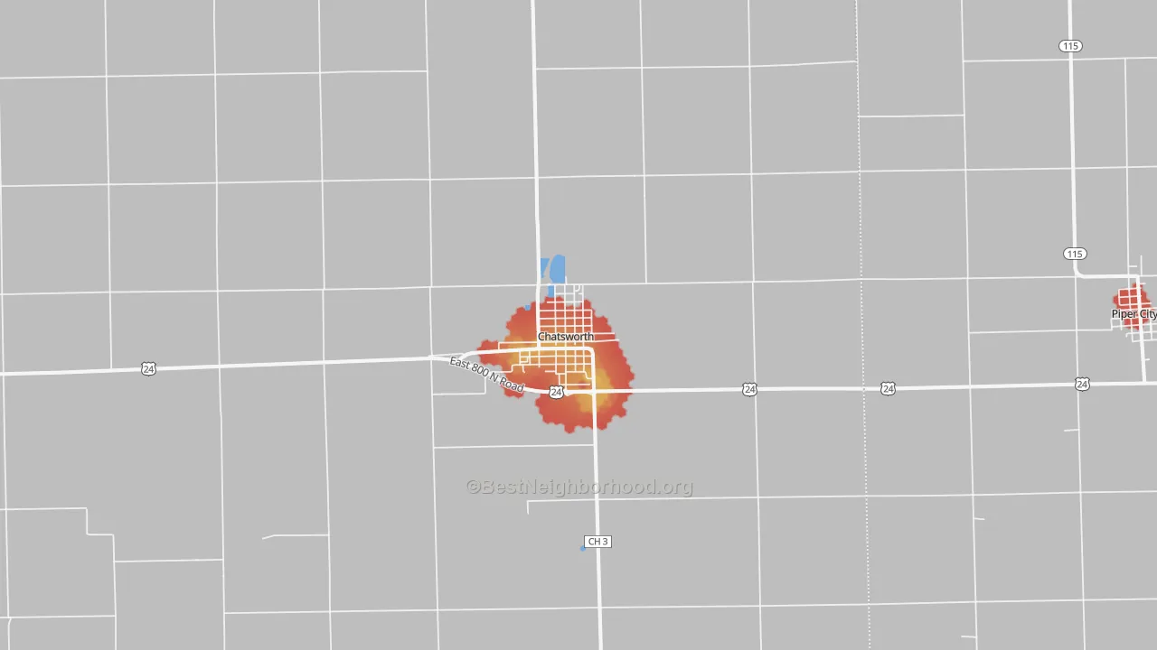 Walk Grade map of Chatsworth, IL, walkable areas in green and car-dependent areas in red