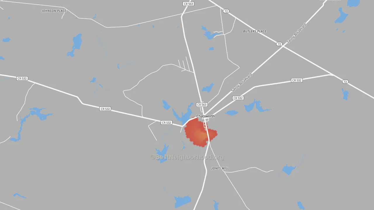 Walk Grade map of Chatsworth, NJ, walkable areas in green and car-dependent areas in red