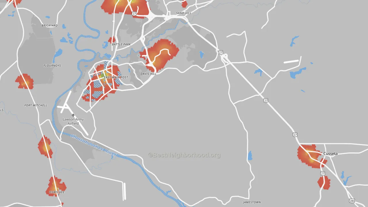 Walk Grade map of Chattahoochee County, GA, walkable areas in green and car-dependent areas in red