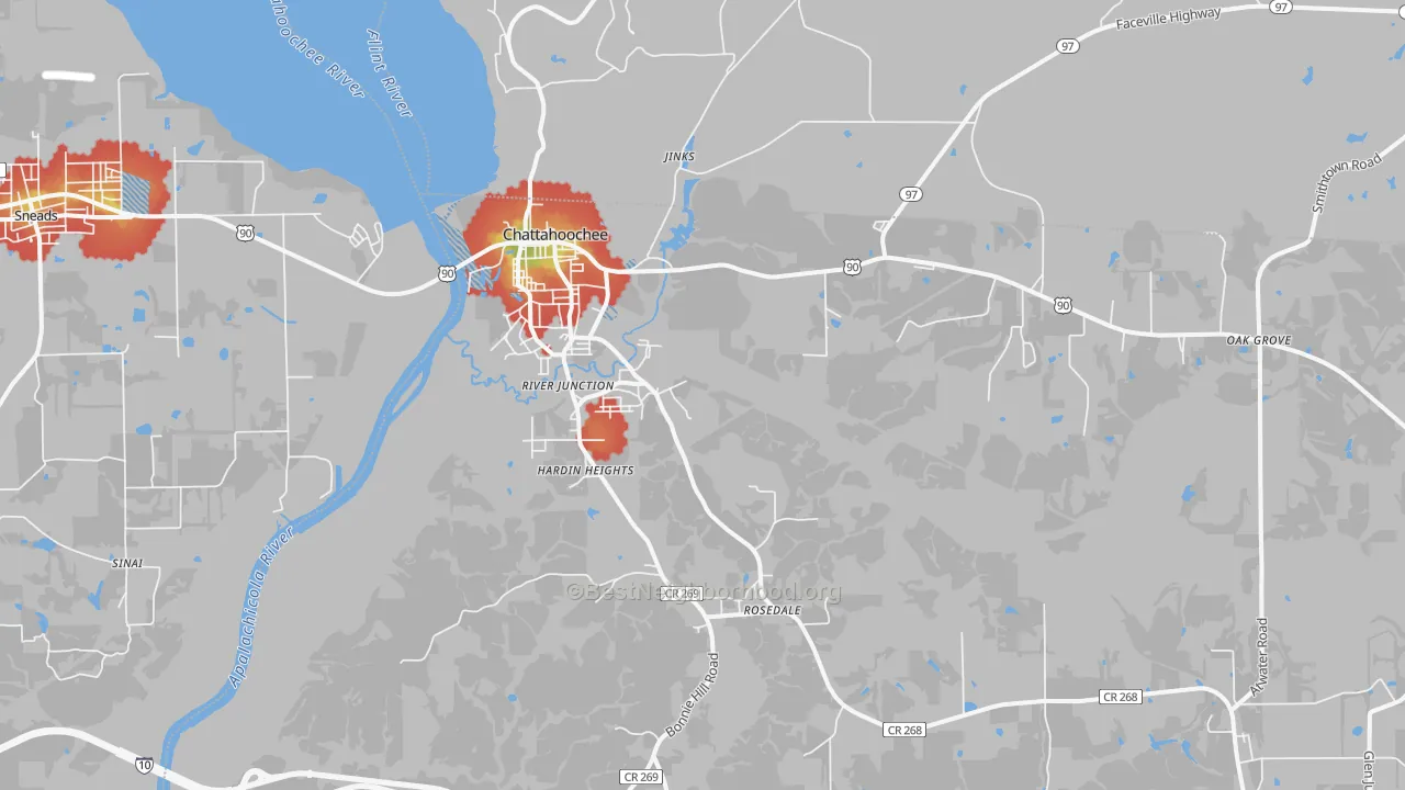 Walk Grade map of Chattahoochee, FL, walkable areas in green and car-dependent areas in red