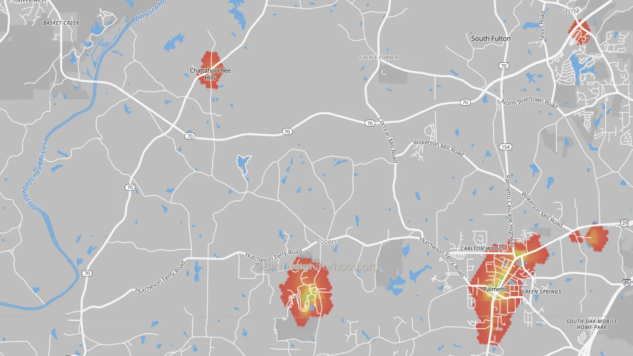 Walk Grade map of Chattahoochee Hills, GA, walkable areas in green and car-dependent areas in red