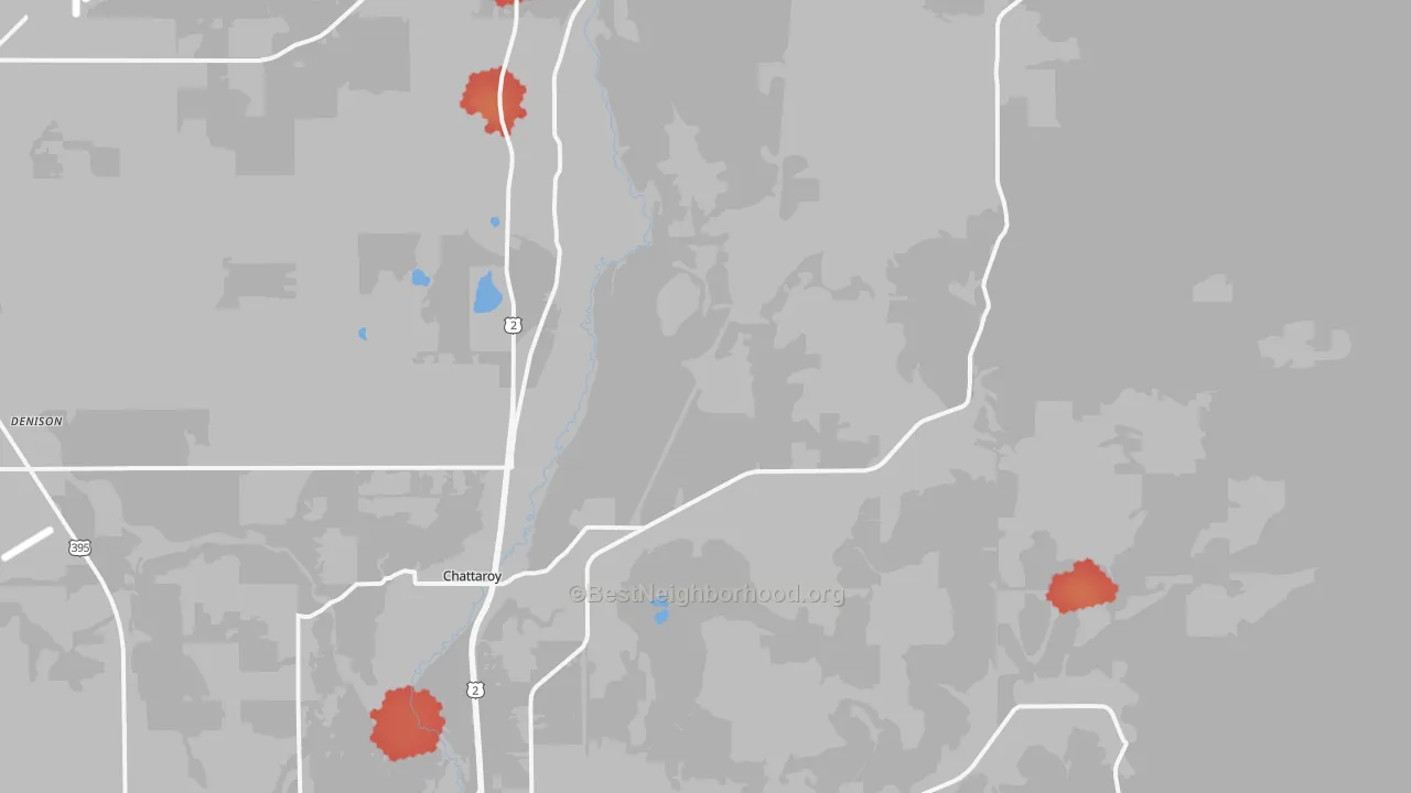 Walk Grade map of Chattaroy, WA, walkable areas in green and car-dependent areas in red