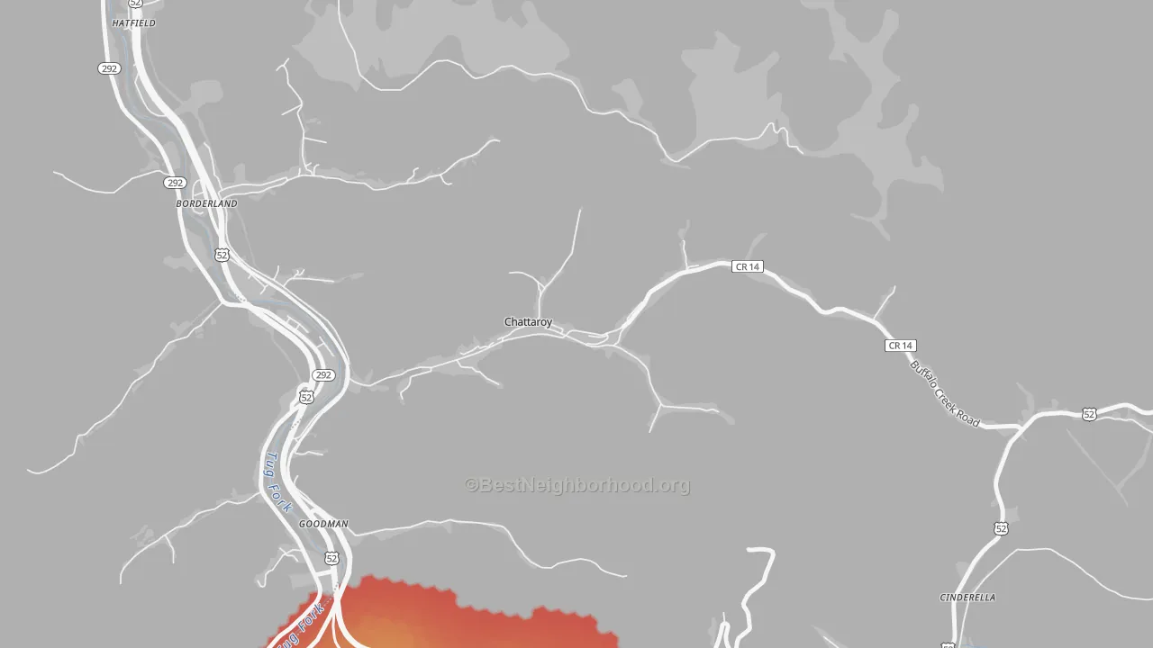 Walk Grade map of Chattaroy, WV, walkable areas in green and car-dependent areas in red