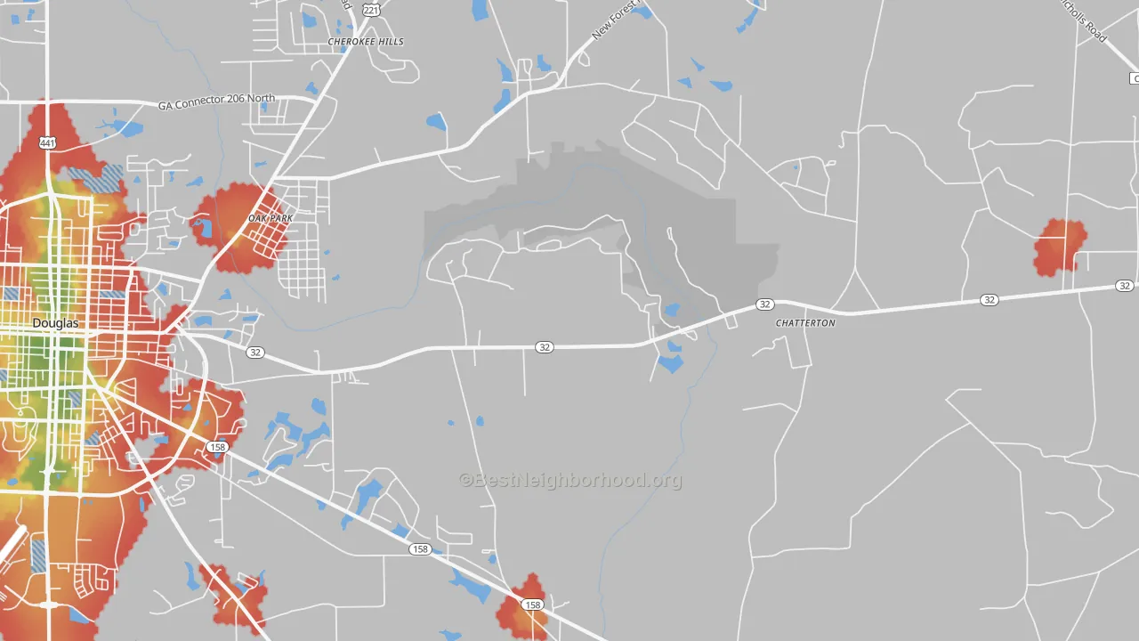 Walk Grade map of Chatterton, GA, walkable areas in green and car-dependent areas in red