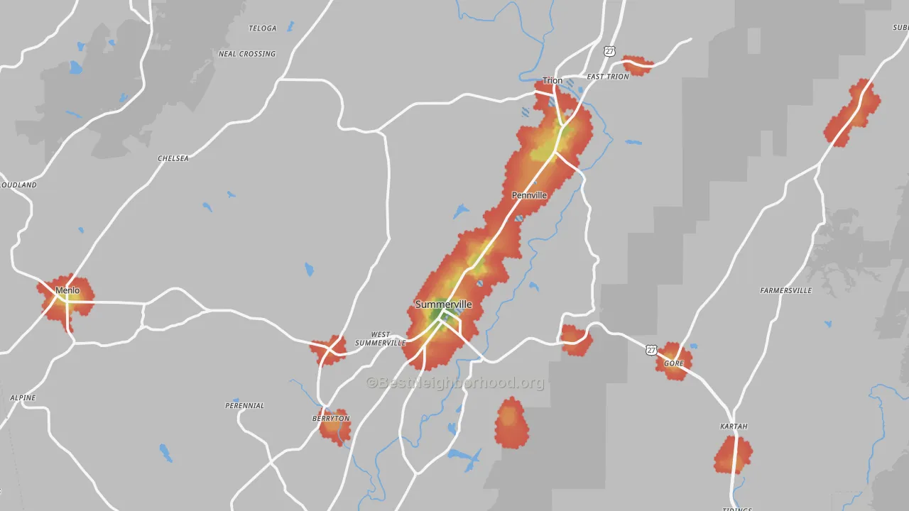 Walk Grade map of Chattooga County, GA, walkable areas in green and car-dependent areas in red
