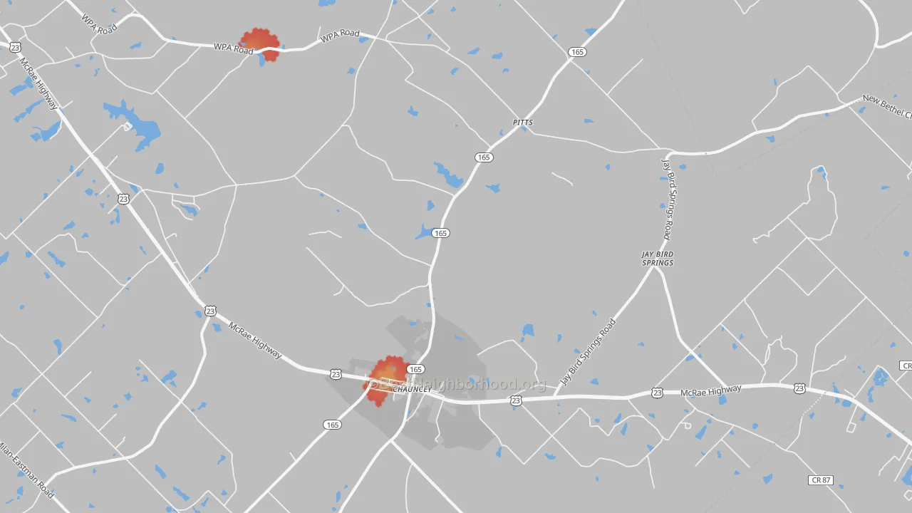 Walk Grade map of Chauncey, GA, walkable areas in green and car-dependent areas in red