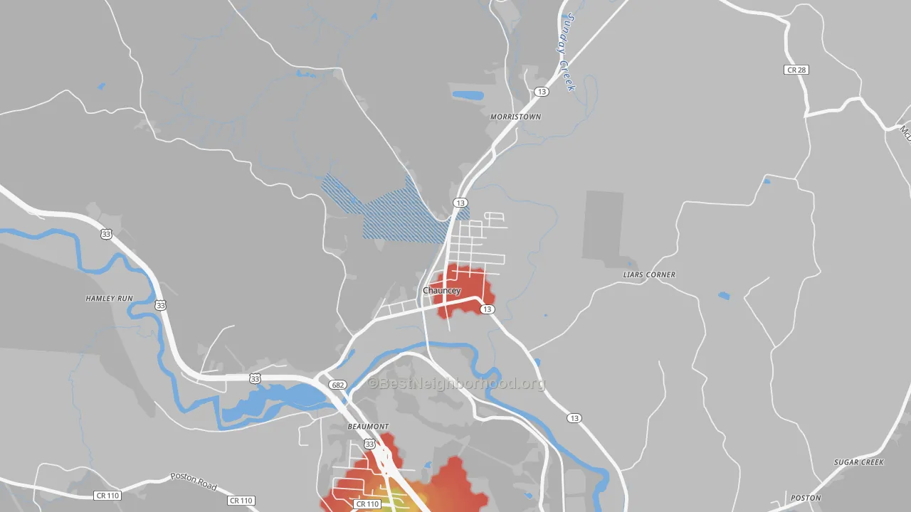 Walk Grade map of Chauncey, OH, walkable areas in green and car-dependent areas in red