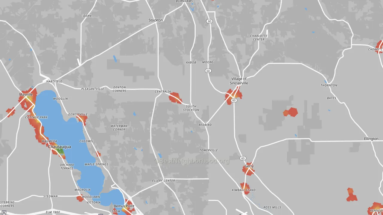 Walk Grade map of Chautauqua County, NY, walkable areas in green and car-dependent areas in red