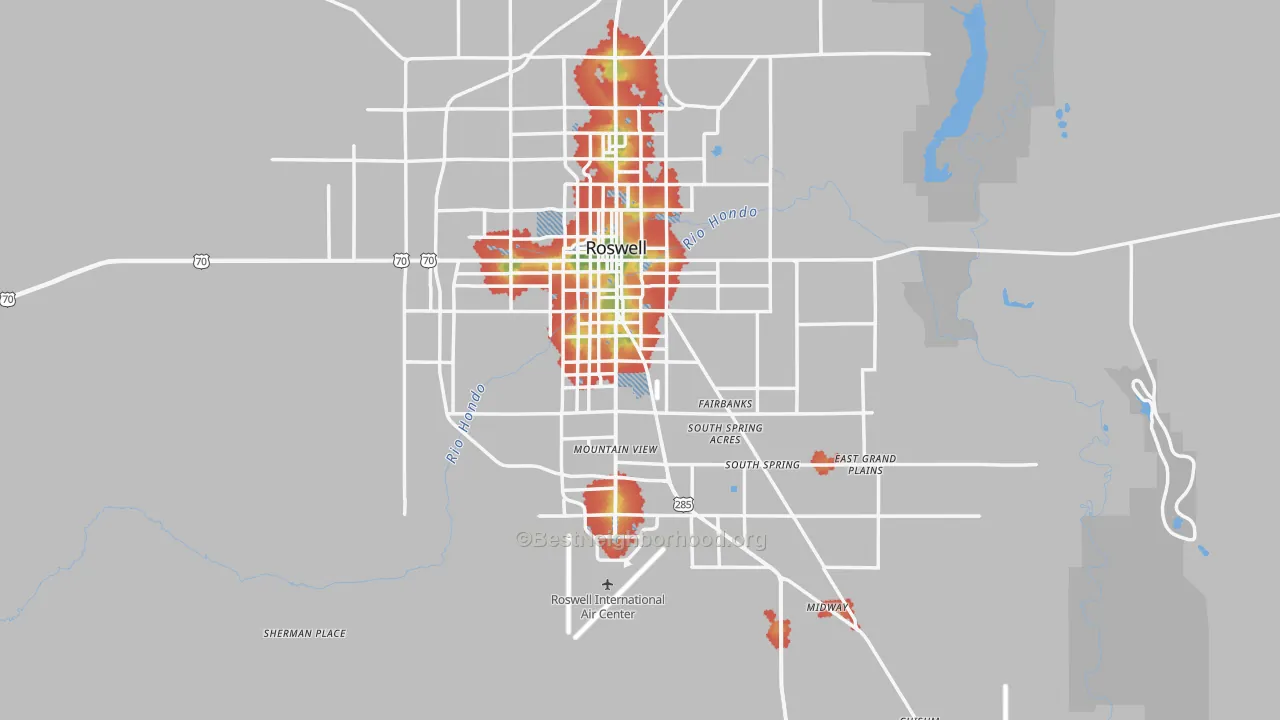 Walk Grade map of Chaves County, NM, walkable areas in green and car-dependent areas in red