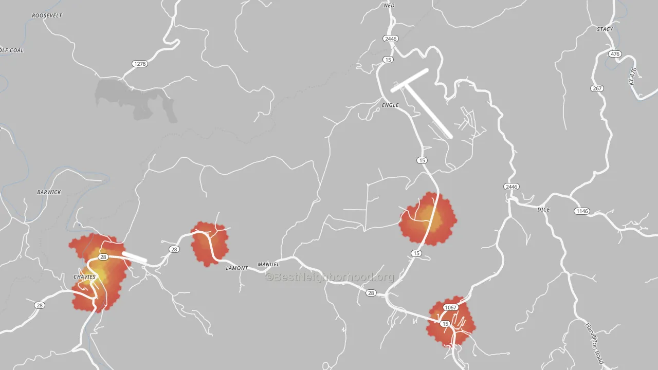 Walk Grade map of Chavies, KY, walkable areas in green and car-dependent areas in red