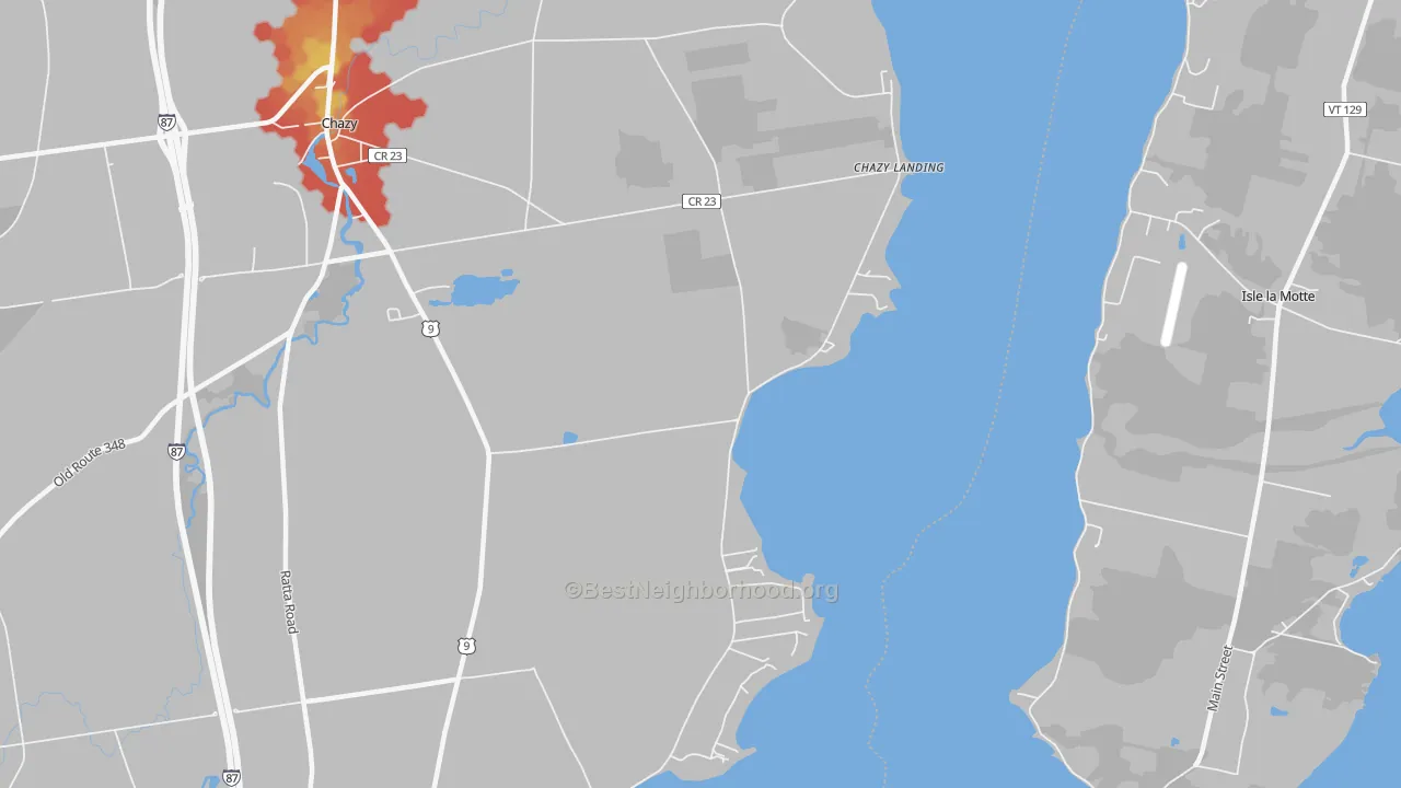 Walk Grade map of Chazy Landing, NY, walkable areas in green and car-dependent areas in red