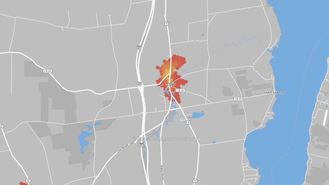 Walk Grade map of Chazy, NY, walkable areas in green and car-dependent areas in red