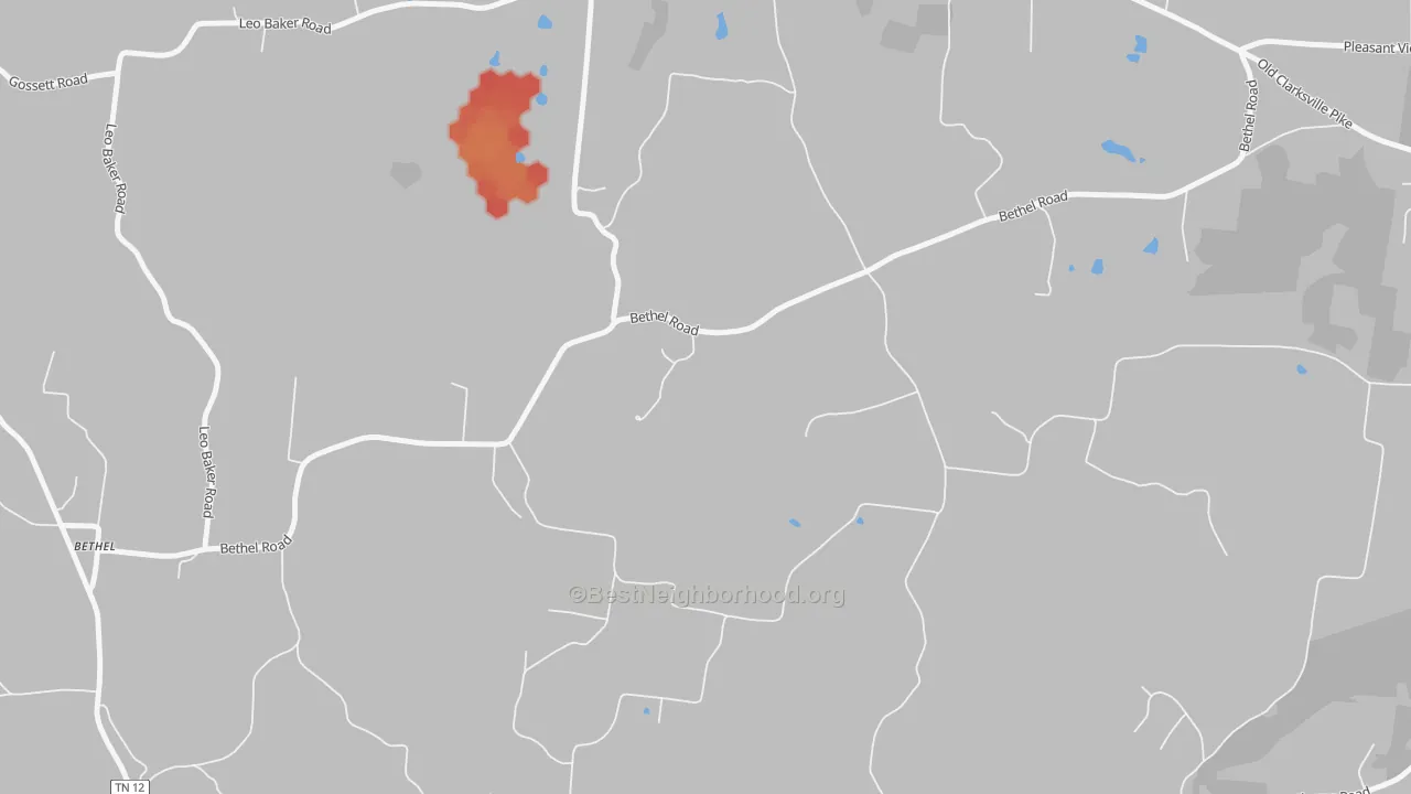 Walk Grade map of Cheap Hill, TN, walkable areas in green and car-dependent areas in red