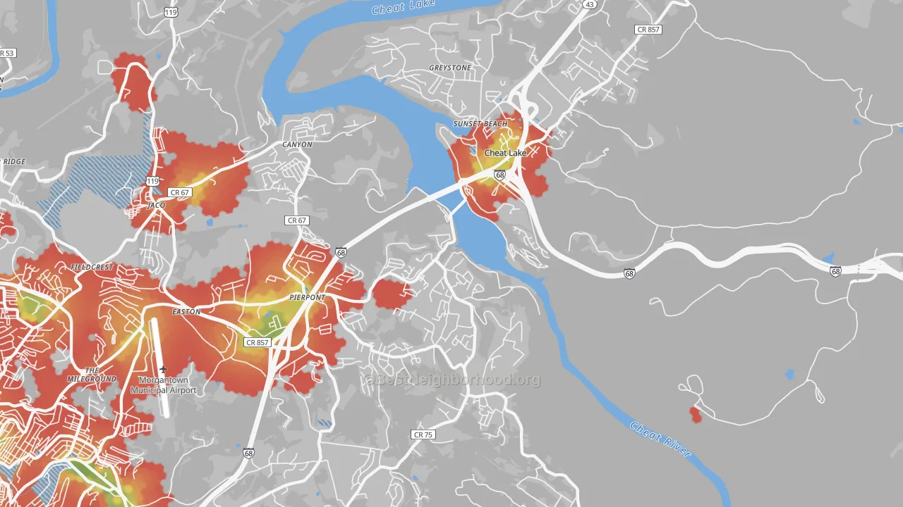 Walk Grade map of Cheat Lake, WV, walkable areas in green and car-dependent areas in red
