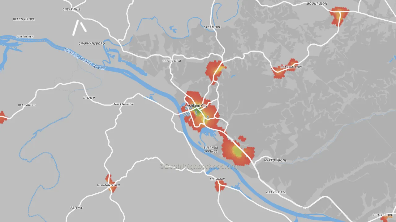 Walk Grade map of Cheatham County, TN, walkable areas in green and car-dependent areas in red