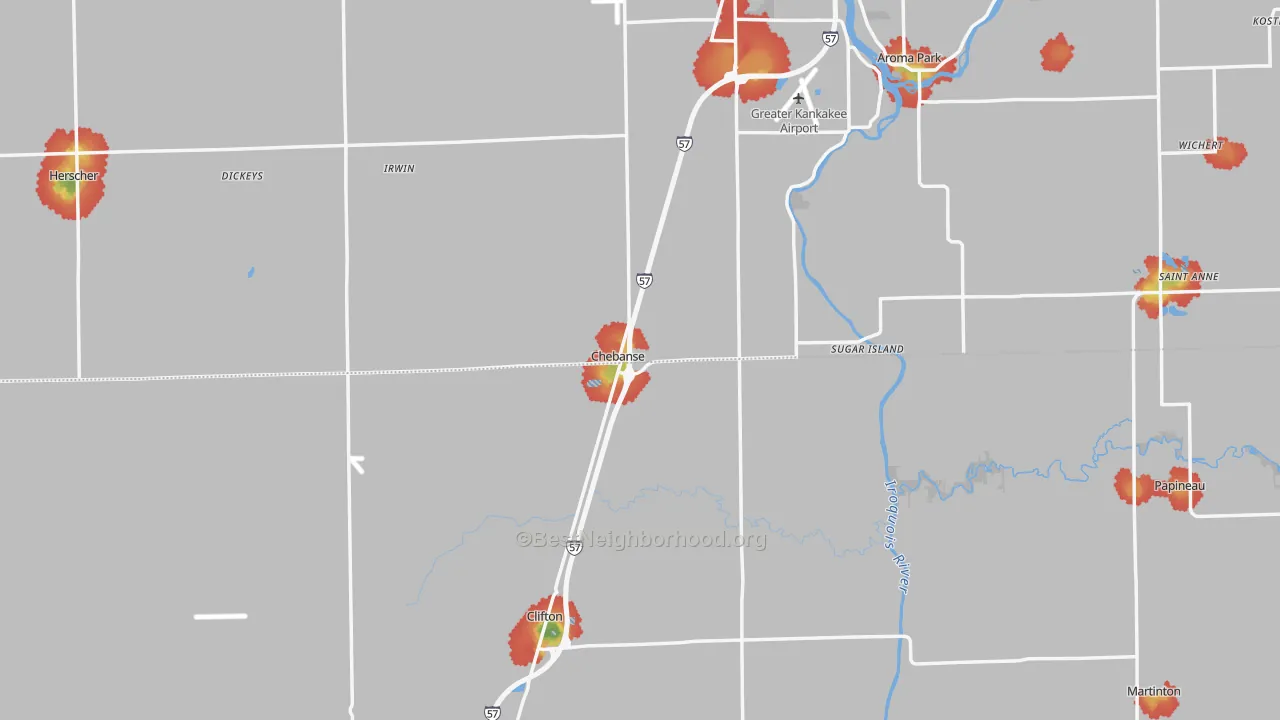 Walk Grade map of Chebanse, IL, walkable areas in green and car-dependent areas in red