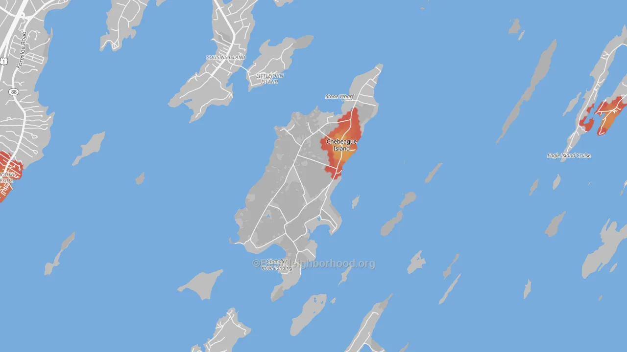 Walk Grade map of Chebeague Island, ME, walkable areas in green and car-dependent areas in red