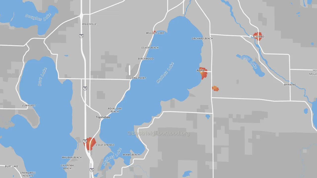 Walk Grade map of Cheboygan County, MI, walkable areas in green and car-dependent areas in red