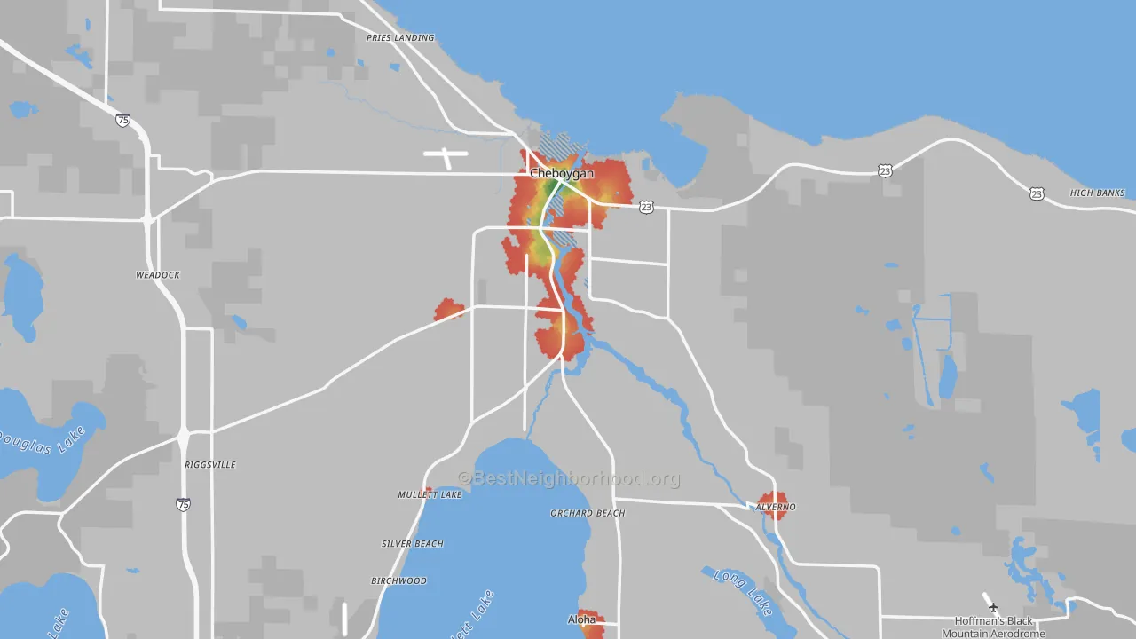 Walk Grade map of Cheboygan, MI, walkable areas in green and car-dependent areas in red