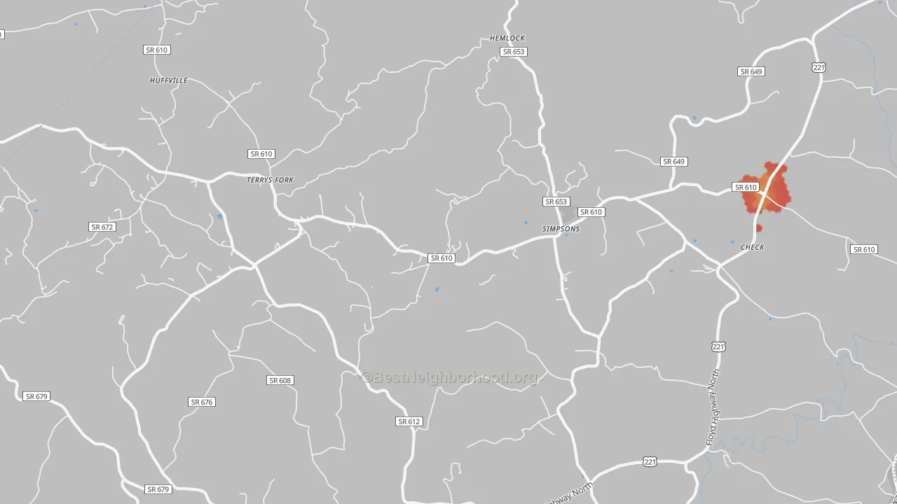 Walk Grade map of Check, VA, walkable areas in green and car-dependent areas in red