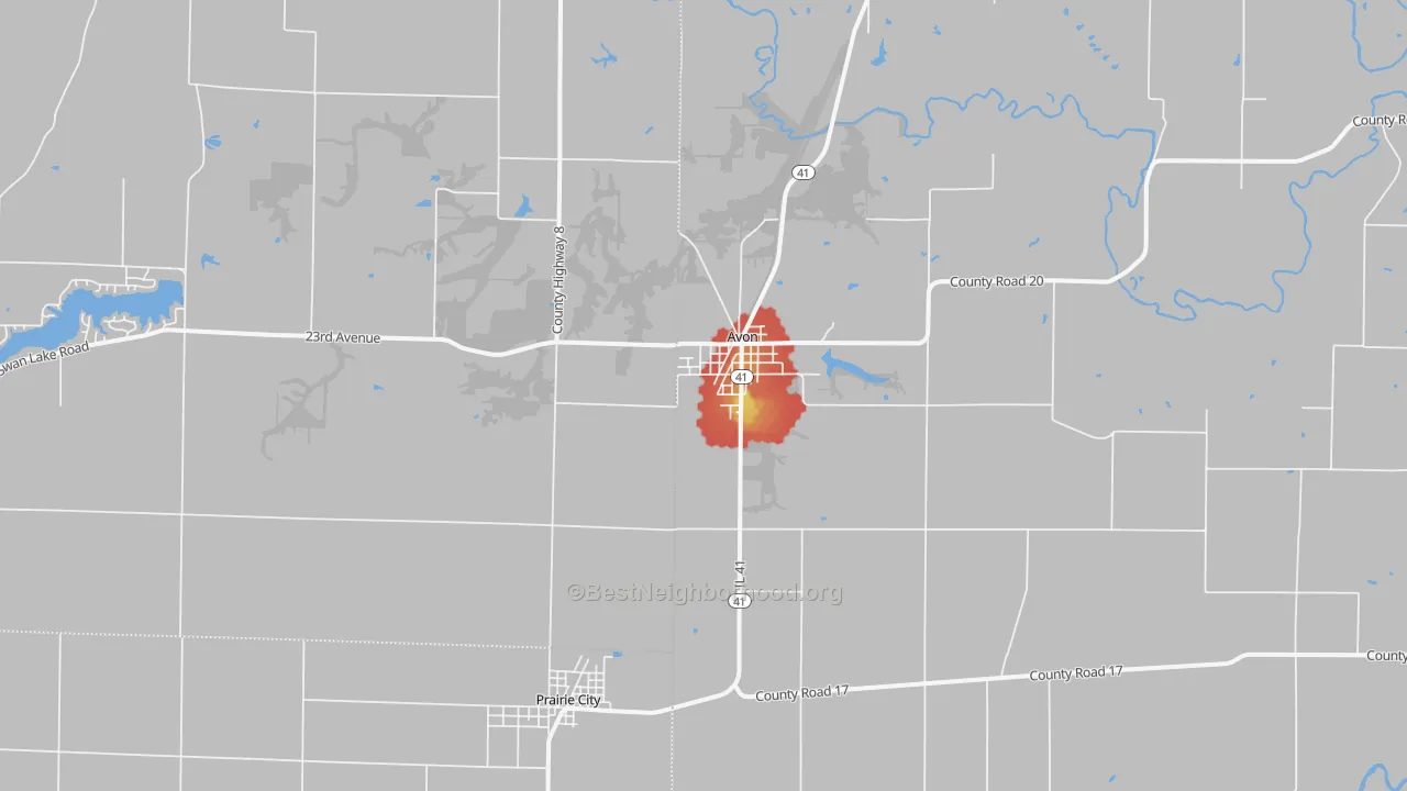 Walk Grade map of Checkrow, IL, walkable areas in green and car-dependent areas in red