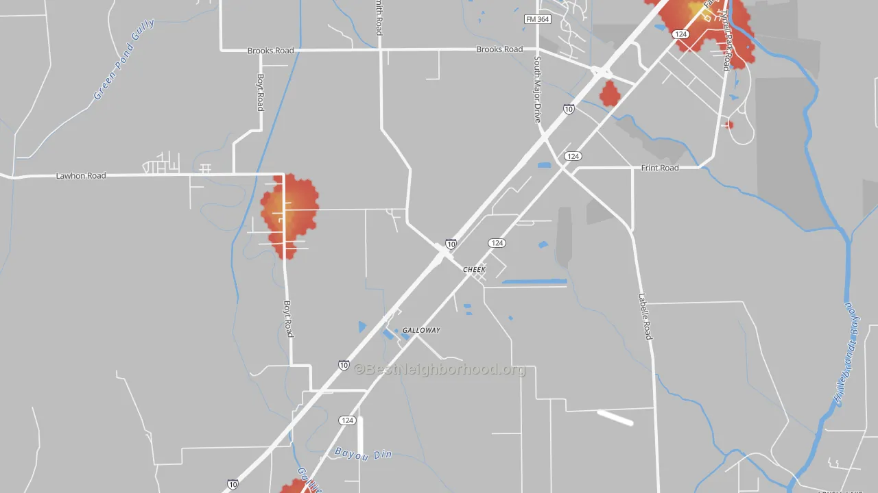 Walk Grade map of Cheek, TX, walkable areas in green and car-dependent areas in red