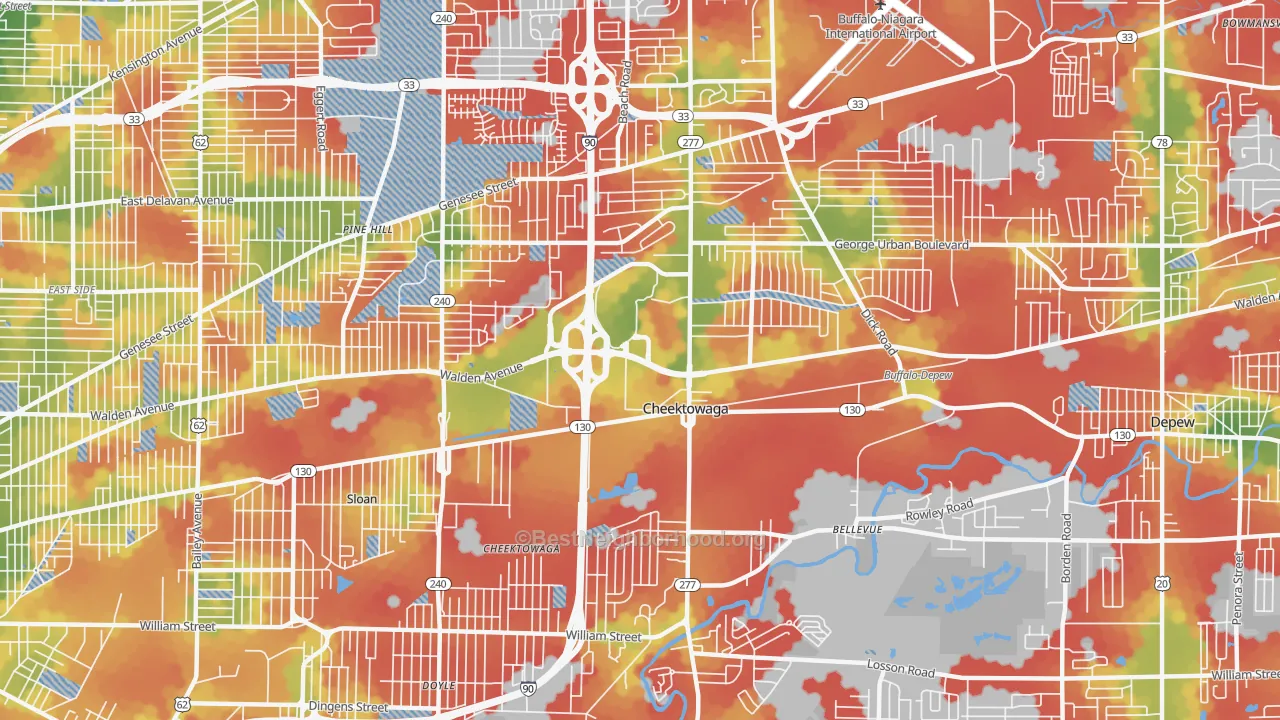 Walk Grade map of Cheektowaga, NY, walkable areas in green and car-dependent areas in red
