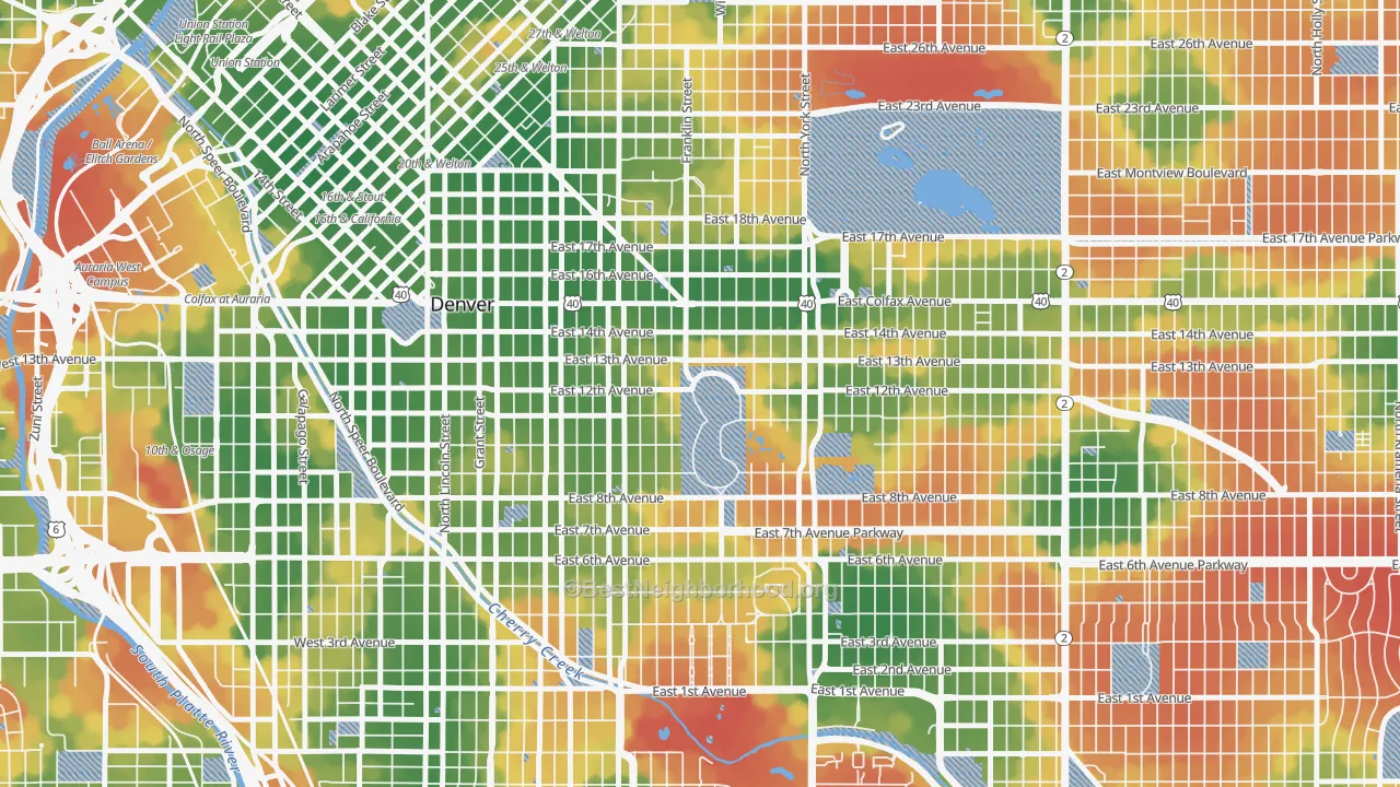 Walk Grade map of Cheesman Park, Denver, CO, walkable areas in green and car-dependent areas in red