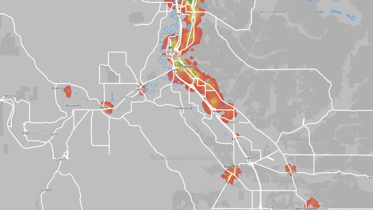 Walk Grade map of Chehalis, WA, walkable areas in green and car-dependent areas in red