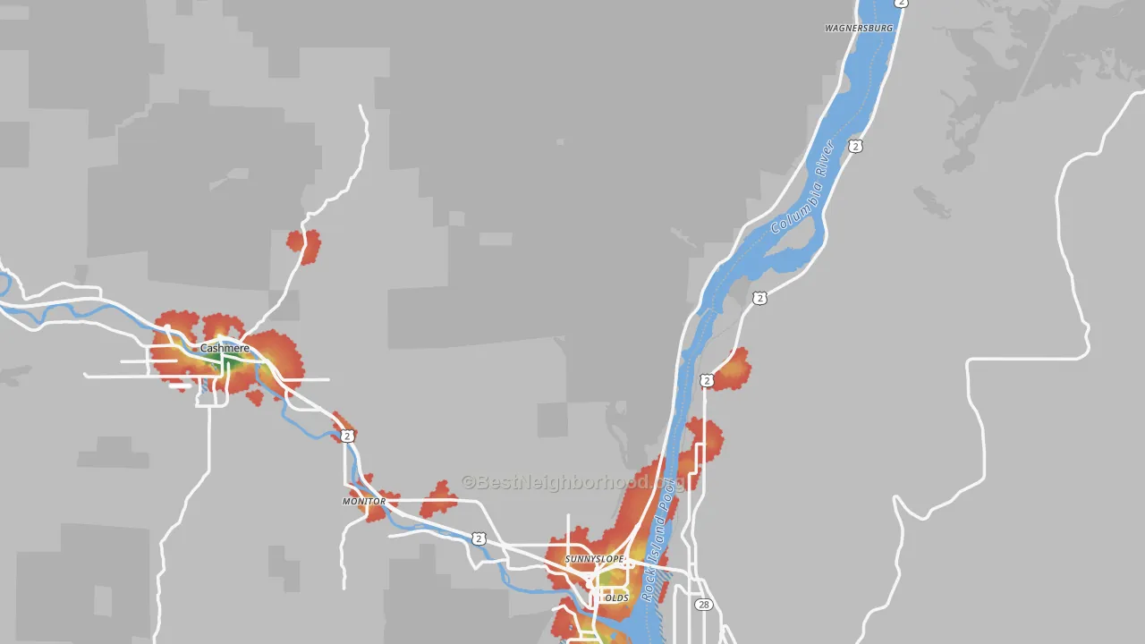 Walk Grade map of Chelan County, WA, walkable areas in green and car-dependent areas in red