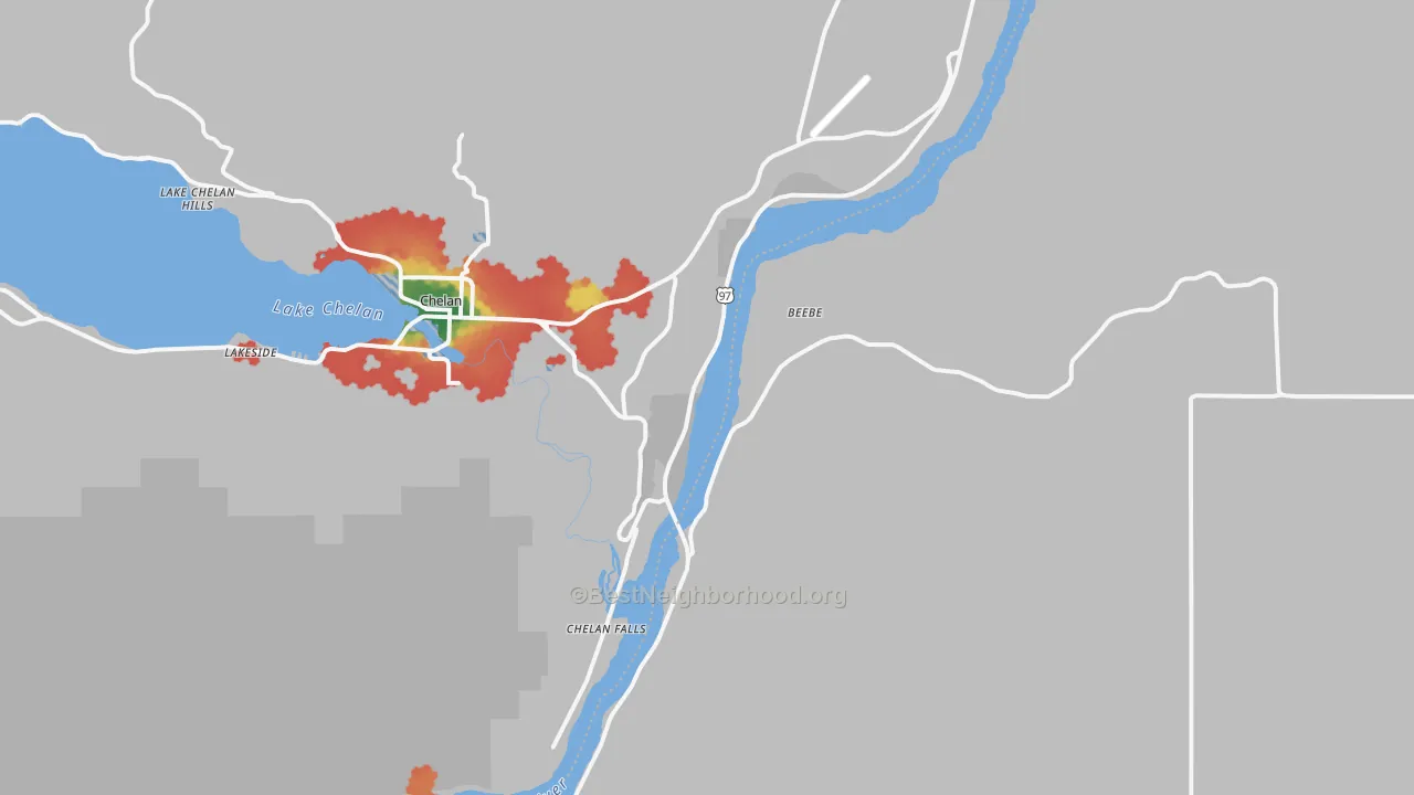 Walk Grade map of Chelan Falls, WA, walkable areas in green and car-dependent areas in red