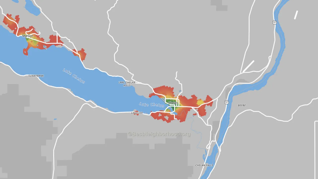 Walk Grade map of Chelan, WA, walkable areas in green and car-dependent areas in red
