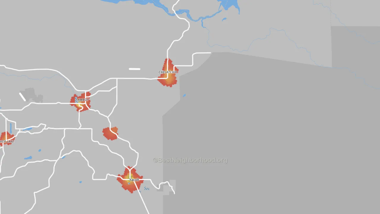 Walk Grade map of Chelatchie, WA, walkable areas in green and car-dependent areas in red